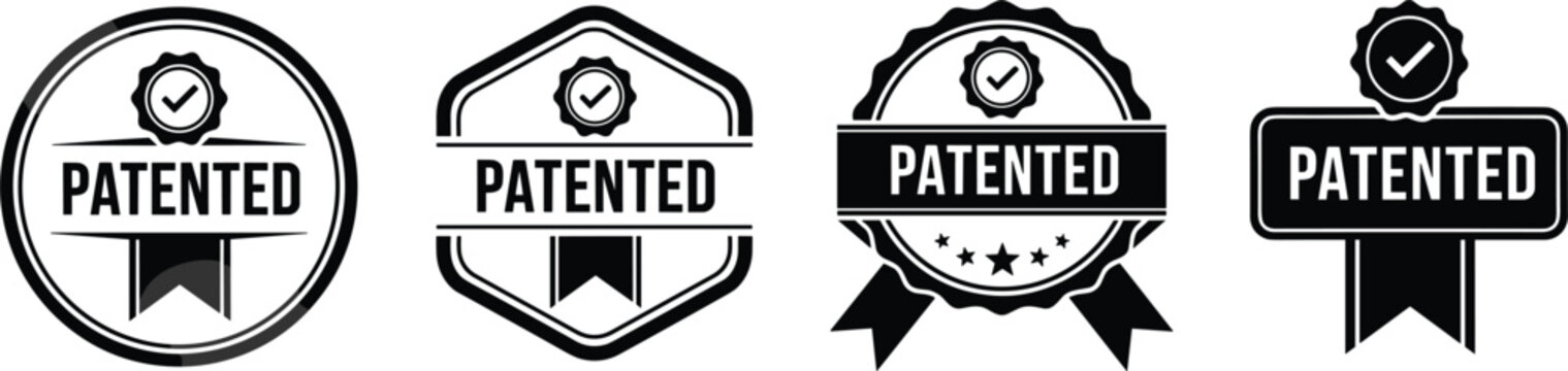 Four black and white patented stamp and badge icons with checkmarks seal