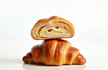 Fototapeta premium Golden brown croissant cut in half showing flaky layers inside. A second whole croissant sits beneath on white surface. Perfect French pastry detail.