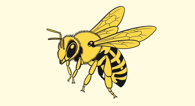 Yellowjacket wasp in flight, viewed from the side, against a plain background, showcasing its distinctive black and yellow stripes