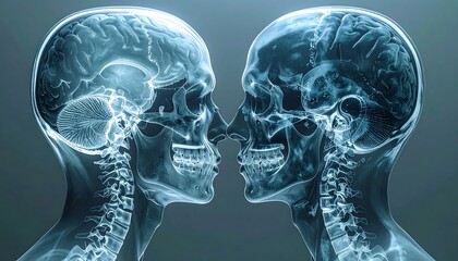 X-ray depiction of two human heads in profile, foreheads touching, revealing the brain