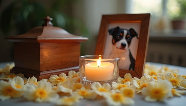 Wooden urn, lit candle, and framed dog portrait sit on table scattered with yellow flowers. Item honors a beloved pet, offering comfort and remembrance.