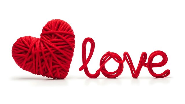 Red yarn heart shape next to the word love