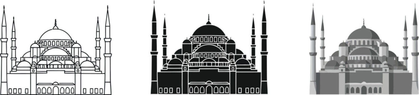 Collection of Blue Mosque illustrations featuring line art silhouette and grayscale vector designs for travel and architectural concepts