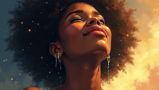 Black woman looks up with eyes closed and a smile. Tears of joy stream down her face. Golden light shines on her skin. Her afro hair is large and fluffy. Sparkling lights surround her.