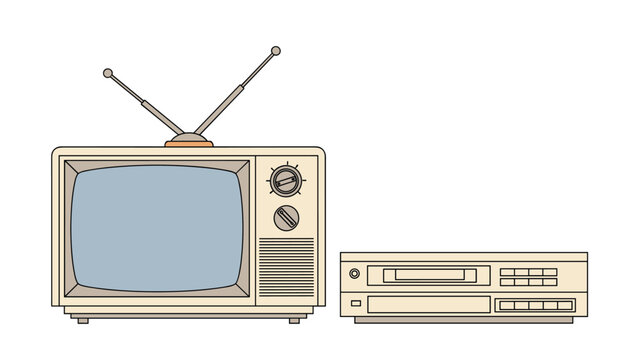 Classic vintage television set with antenna placed next to a matching VCR player on a clean white background.