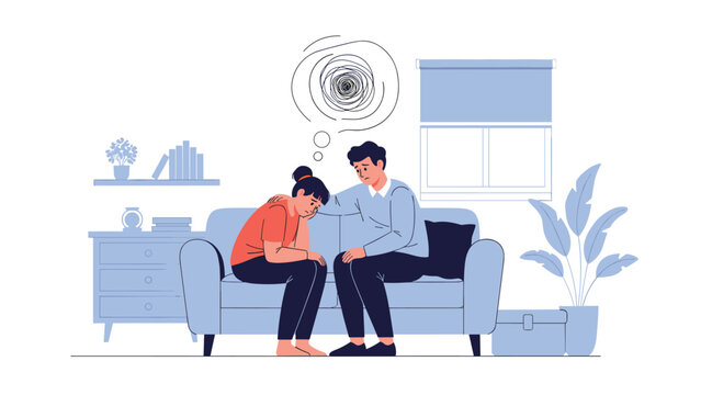Young man comforting a sad woman on a sofa in a living room with a thought bubble showing chaotic thoughts.