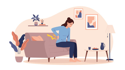 Young woman sitting on a sofa while experiencing sharp lower back pain depicted by yellow lightning bolt icons in a living room.