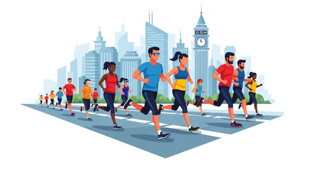 Diverse group of people running a marathon in a city. © Sabir