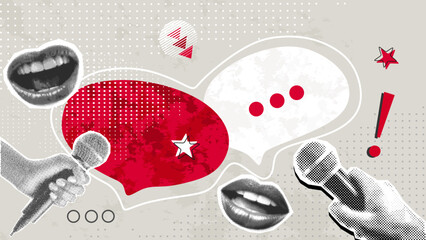 Trendy Halftone Collage Journalist's mouth screams into microphone. Social media interview. Daily news. Reporter with audio equipment. Press conference. Contemporary vector illustration art	