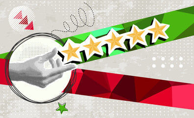 Trendy Halftone Collage with hand and five stars. Positive review. Customer feedback. High quality and good business reputation.	