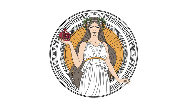 Greek goddess Persephone depicted in a classical circular frame holding a cut pomegranate fruit with intricate decorative patterns.