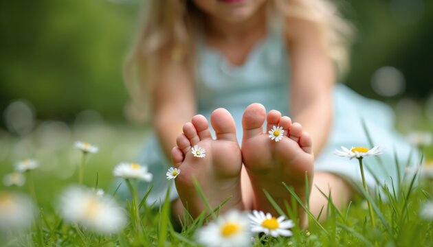 Close-up of childs bare feet with daisy flowers nestled between toes. Child rests on lush green grass in soft sunlight. Pure innocence and summer joy are evident. Freshness and nature combine.