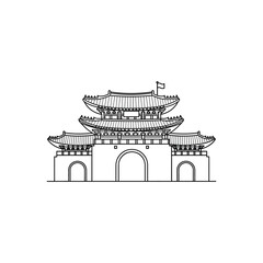 An illustration depicts a traditional Asian temple gate with a flag on top.