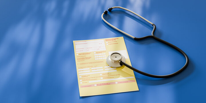 German certificate of incapacity for work (Arbeitsunf&auml;higkeitsbescheinigung - AUB) with a stethoscope on blue background