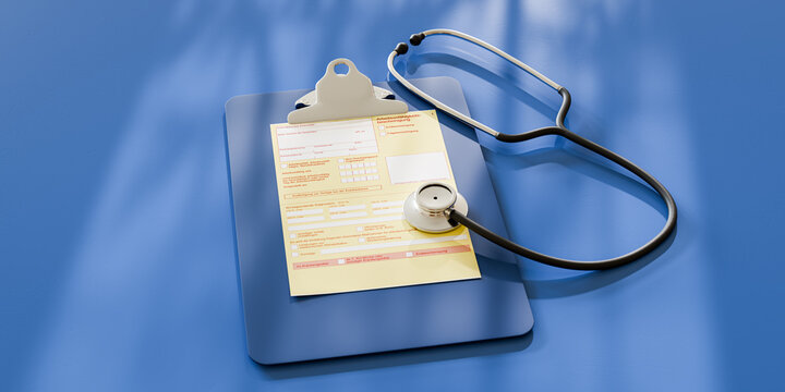 German certificate of incapacity for work (Arbeitsunf&auml;higkeitsbescheinigung - AUB) on a clipboard with a stethoscope.