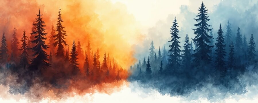 Contrast between fiery orange smoke, deep blue fog engulfs silhouetted pine trees. Wildfire destruction meets cold, atmospheric mist, representing ecological impact. Nature dual forces clash