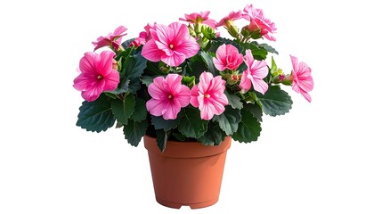 Close-up of potted pink flowers in full bloom. White background