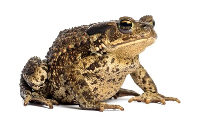 Fototapeta premium A close-up side view of a brown and tan textured toad sitting, with a plain white backdrop