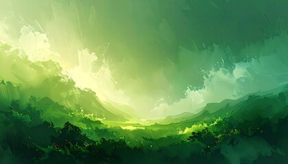 Lush landscape painting bathed in sunlight, with rolling hills and a vibrant, verdant palette