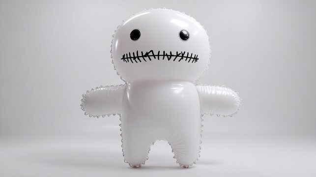 White inflatable doll figure with black stitched mouth