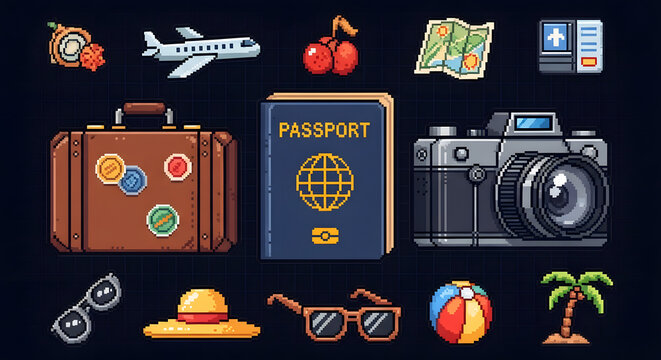 Pixel Art Travel Icons Set: Vacation, Holiday & Adventure Essentials in Retro 8-bit Style