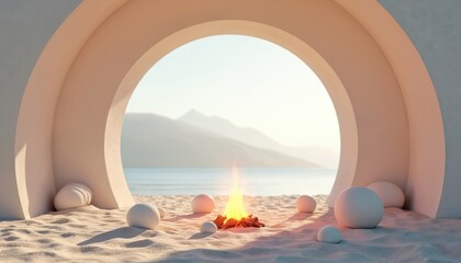 Campfire burns on sandy beach through arch. Spheres sit on sand near ocean and mountains. Tranquil daytime scene with warm light and calm sea.