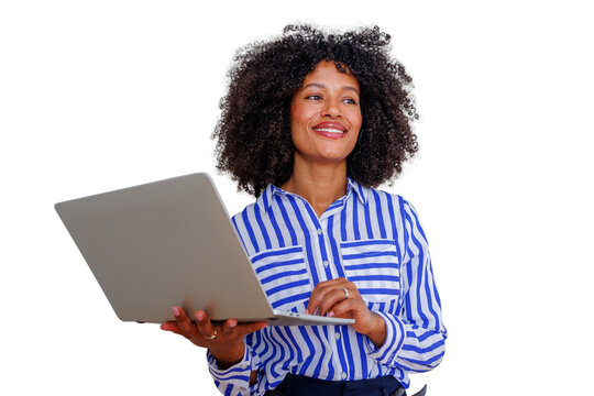 Happy black woman working with laptop, smiling, looking away, using technology, standing on transparent background