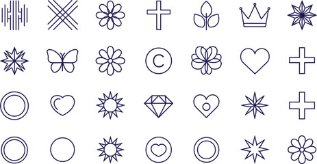 Collection of Simple Outline Icons Featuring Geometric Shapes Flowers Hearts and Symbols line art graphic