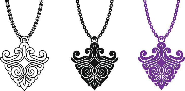 Collection of ornate pendant necklace designs featuring intricate scrollwork in black white and purple vector illustrations for jewelry branding and fashion
