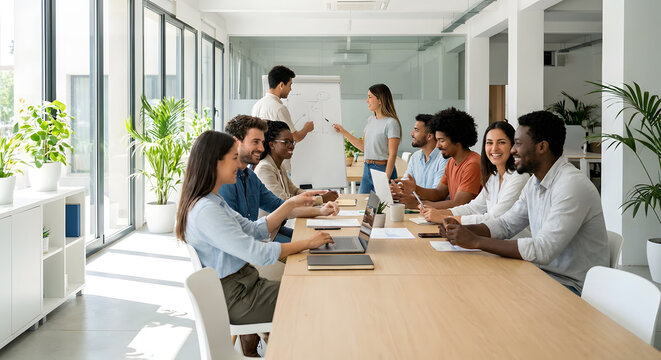 Diverse Business Team Meeting and Brainstorming in Modern Office