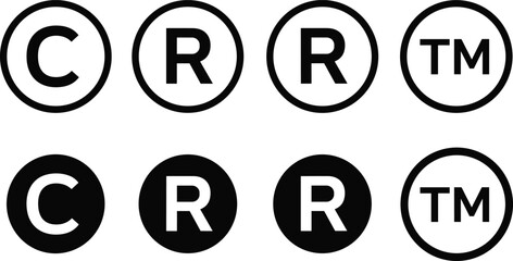 Copyright trademark and registered symbol icons in black and white circles Keywords: copyright symbol, C in circle, registered