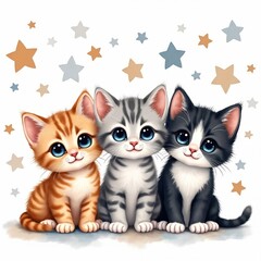 Fototapeta premium Three cute kittens sit together. Orange tabby, grey striped and black white kittens have blue eyes. Stars surround small cats. Adorable furry pets illustration.