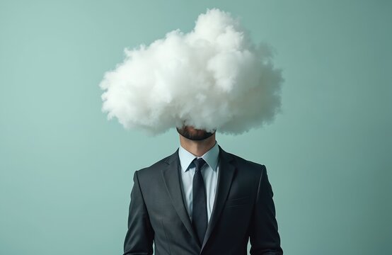 Man in suit with cloud for a head. Headless concept represents confusion or lost in thought. Business or pro metaphor for absent mindedness.