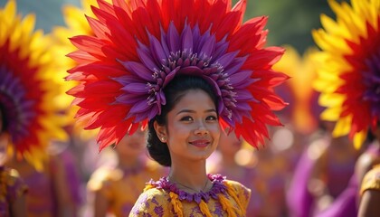 Fototapeta premium Young woman wears vibrant flower headdress. Festival parade features dancers in colorful floral attire. Celebrations with traditional Filipino costume and bright petals.
