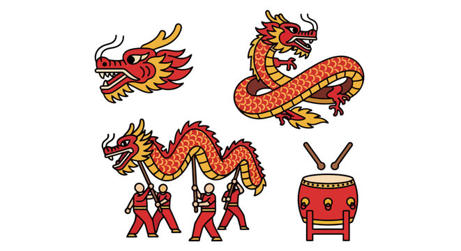 Vibrant dragon dance performance with drummers and mythical creatures