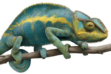 Obraz premium Vibrant chameleon on branch isolated on white background for diverse uses