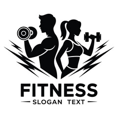 Dynamic fitness logo with silhouettes lifting weights