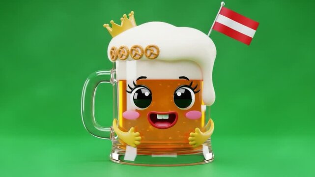 Animated Beer Delight: A cute animated beer mug cheerfully holds an Austrian flag, exuding bubbly cheerfulness, embodying a joyous tribute.