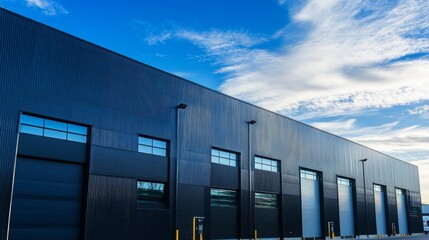 Obraz premium Modern steel warehouse with office and parking for industrial logistics and delivery services in urban area