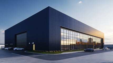 Modern steel warehouse with office space and parking area at sunset in busy industrial logistics area