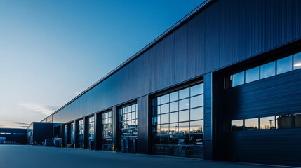 Obraz premium Modern steel warehouse with office space and parking in industrial area during sunset