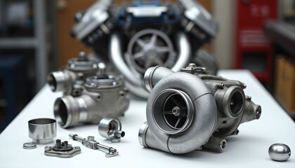 Turbocharger components and engine parts laid out on a clean workshop table. These are vital for automotive performance upgrades and car tuning. Ready for installation.