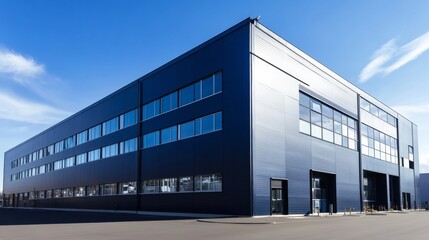 Obraz premium Modern steel warehouse with office and parking space in bright daylight hours for logistics located in urban area