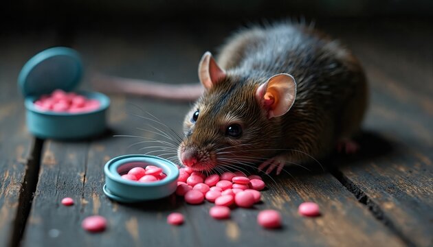 Small brown rat eats bright pink poison bait pellets from blue dishes on old wooden floor. Rodent is unaware of lethal danger, tempting food. Pest control dilemma.