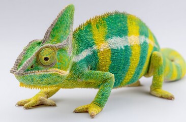 Obraz premium Vibrant chameleon reptile against white background detailed close up