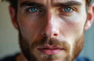 Fototapeta premium Extreme close up of a man with bright blue eyes and a beard. His face shows a thoughtful, serious expression. Details of skin texture and facial hair are visible. Natural light.