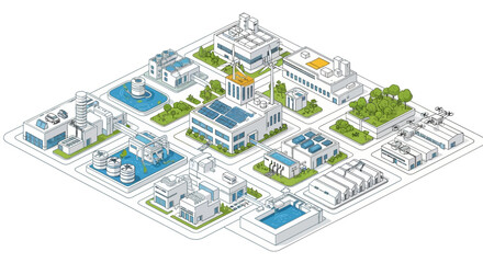Fototapeta premium An isometric illustration showcasing a modern industrial complex with various buildings, solar panels, water treatment facilities, and green spaces.
