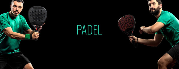 Obraz premium Two professional padel players with rackets on fire background. Open social tournament template.