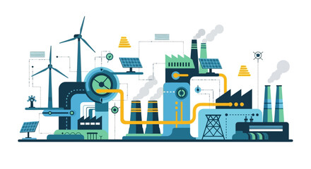Naklejka premium Illustration of a modern industrial complex integrating renewable energy sources like wind turbines and solar panels with traditional factory structures.