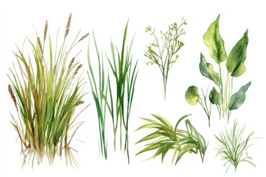 Depictions of sedge reeds and swamp plants found in wetlands in watercolor style with green colors and various forms
